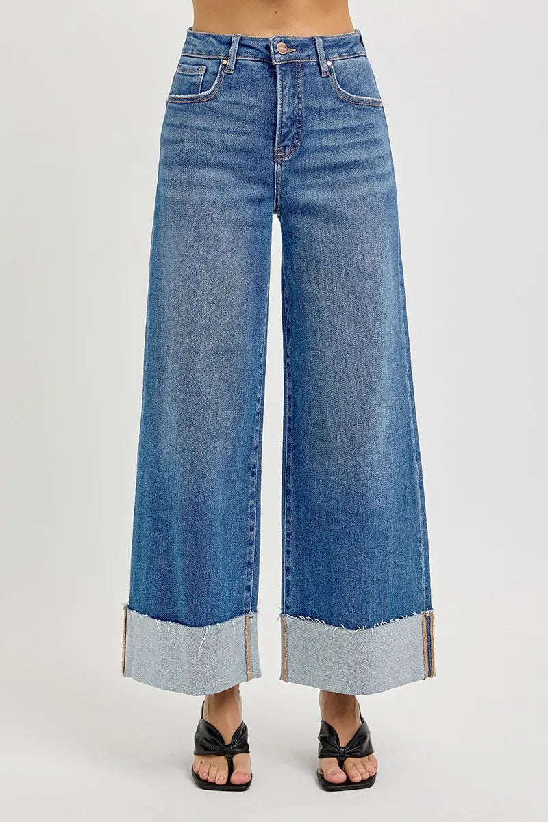 Full Size High Waist Crop Wide Cuffed Control Jeans