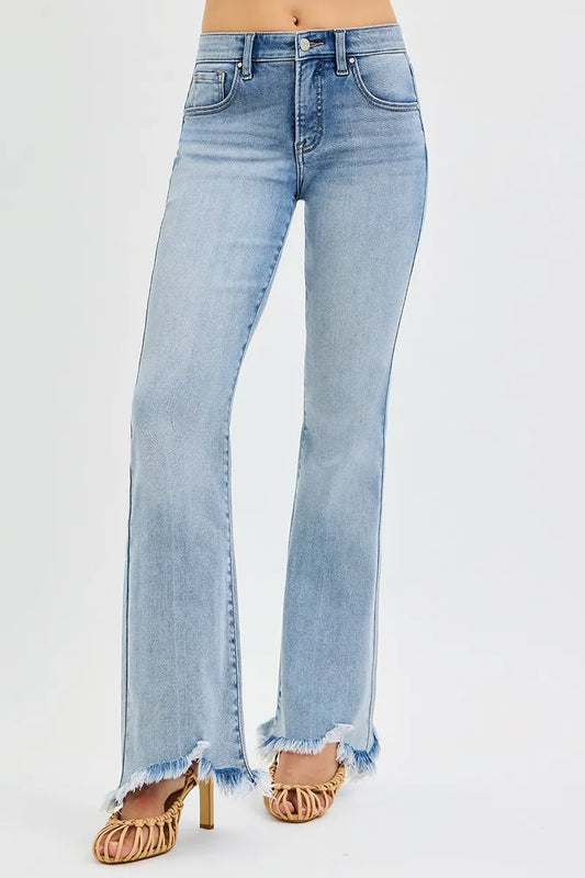 Full Size Mid Rise Tummy Shaping Fray Hem Flare Jeans