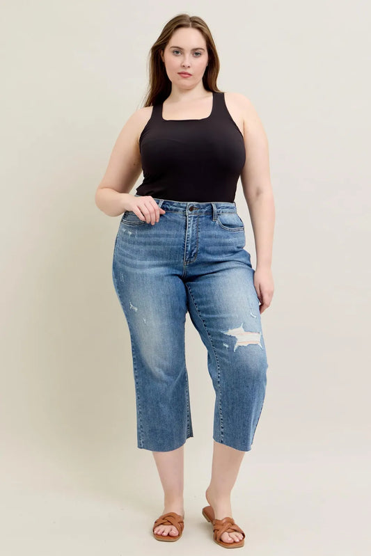 Plus Size High Waist Back Destroy & Raw Cut Hem Crop Wide