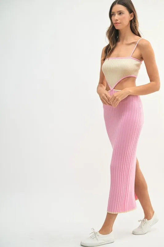 Ribbed Knit Color Block Cutout Midi Dress