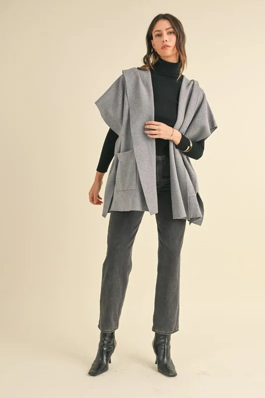 Knit Open Front Hooded Cardigan With Pocket