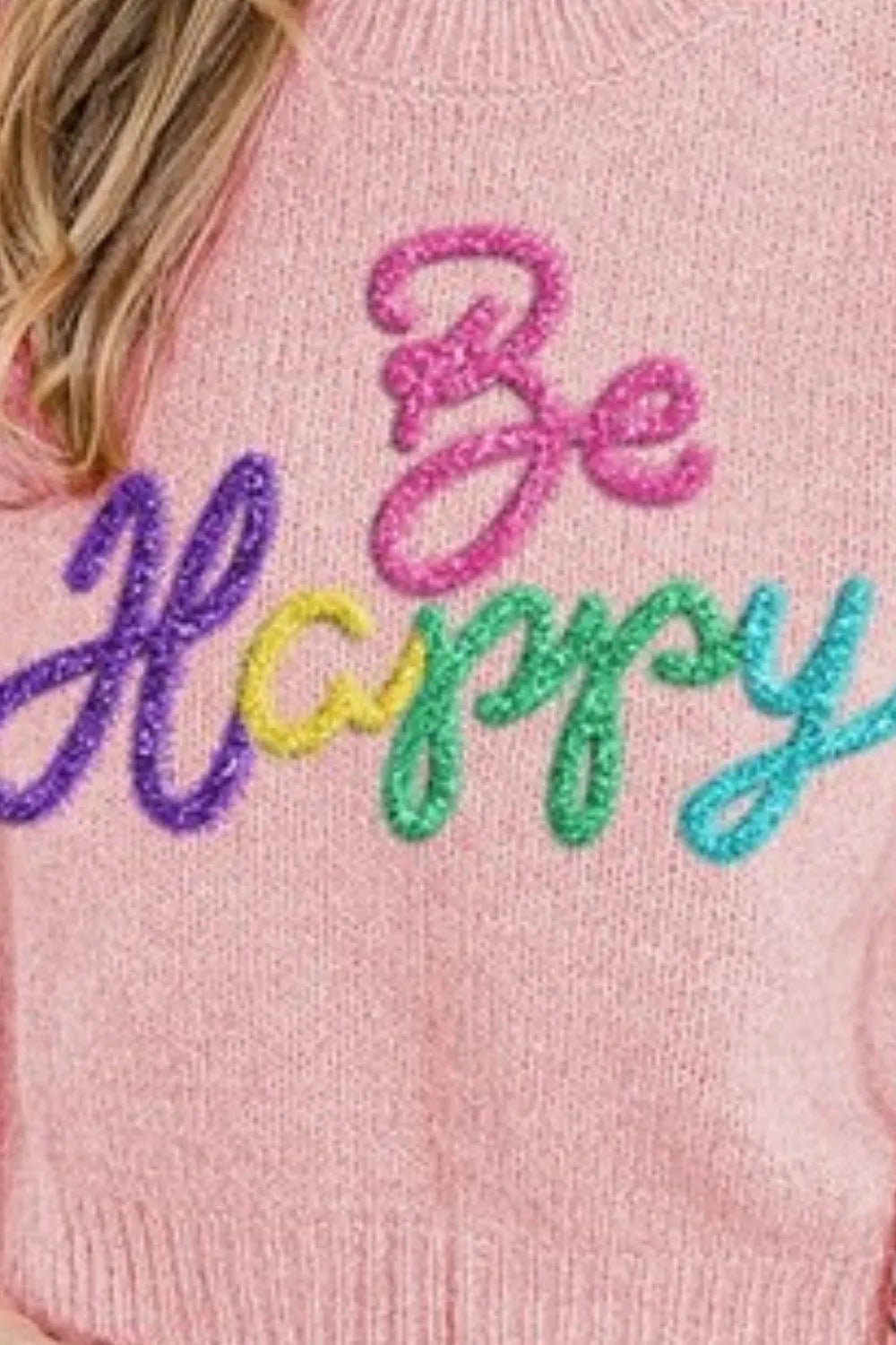 Metallic Letter Short Puff Sleeve Hairy Sweater
