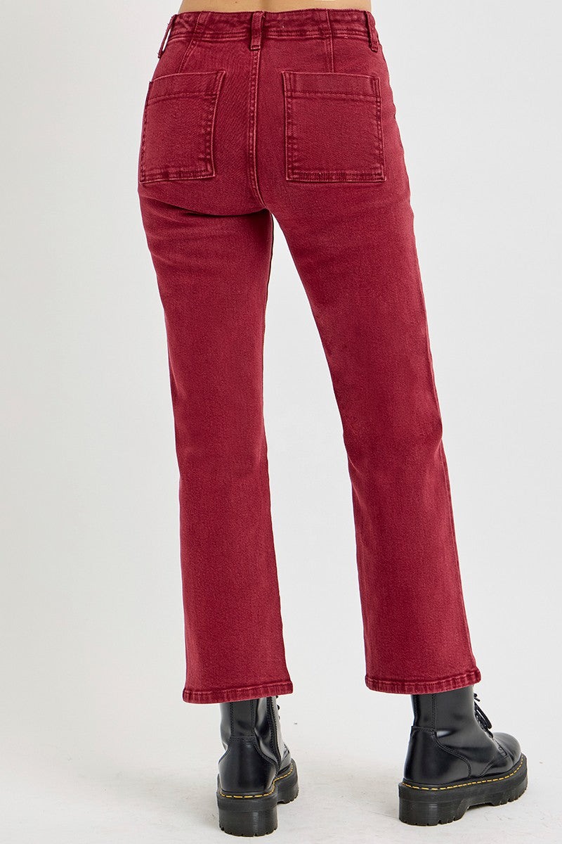 Full Size High Rise Straight Jeans with Patch Pockets - Wine