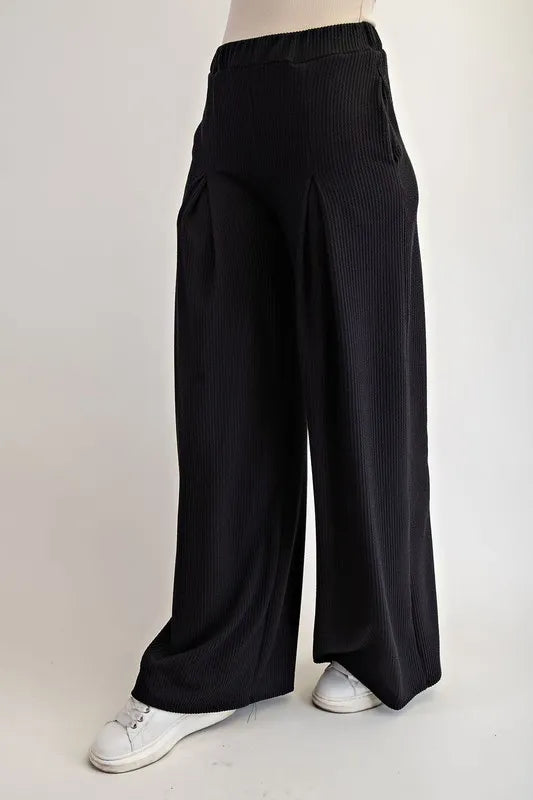 Full Size Ribbed Wide-Leg Pants with Pockets Plus Size