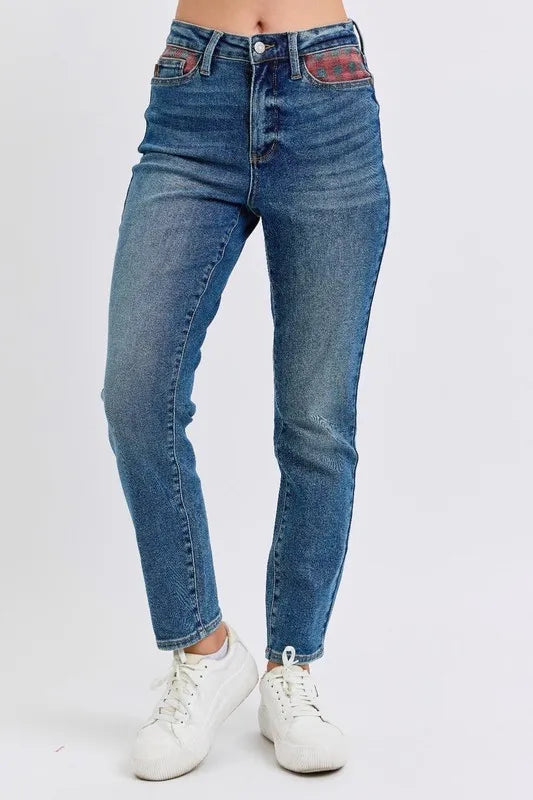 Full Size HW Plaid Patch Slim Fit Jeans Plus Size