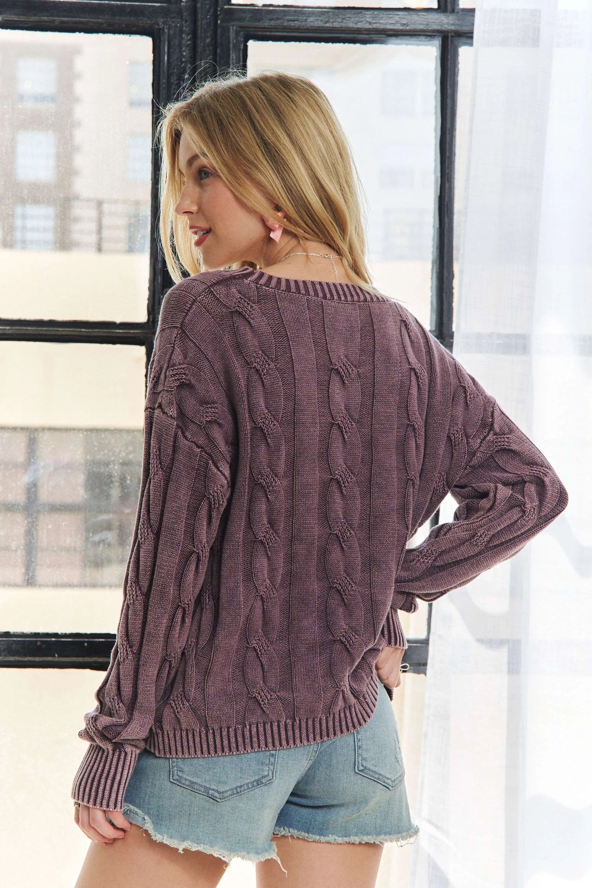 Mineral Washed Cable Knit Sweater Top