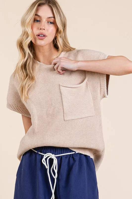 Solid Cap Sleeve Stitch Edge Knit Sweater