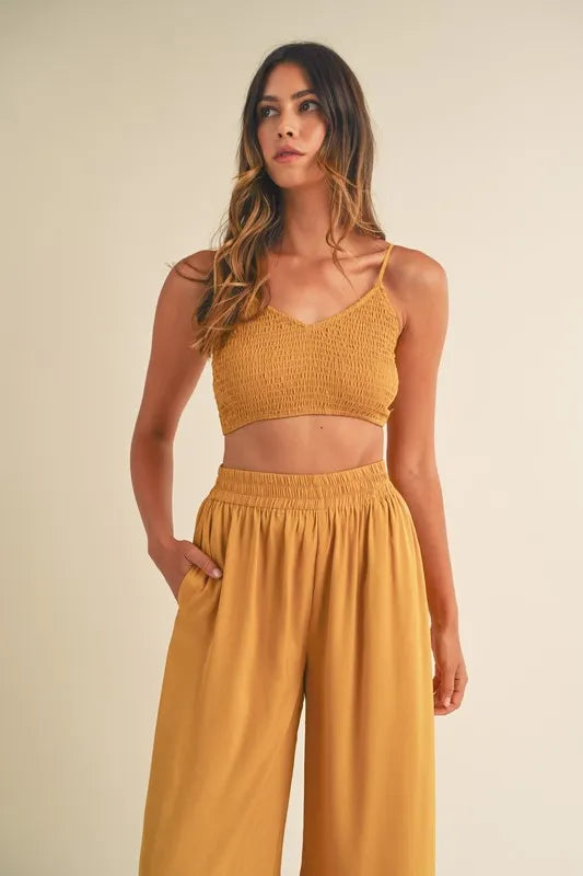 Smocked Bralette Crop Top and Wide Leg Pants Set