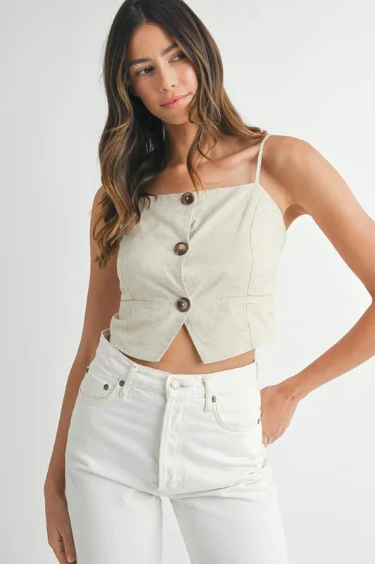 Linen Mix Button Down Tank Top