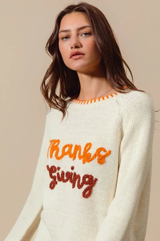 Thanksgiving Tinsel Lettering Sweater Top