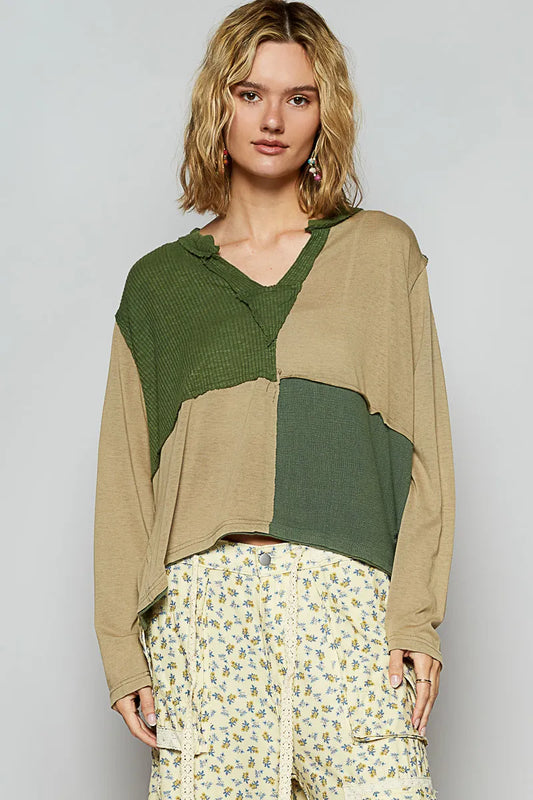 Geometric Patchwork V-Neck Long Sleeve Top