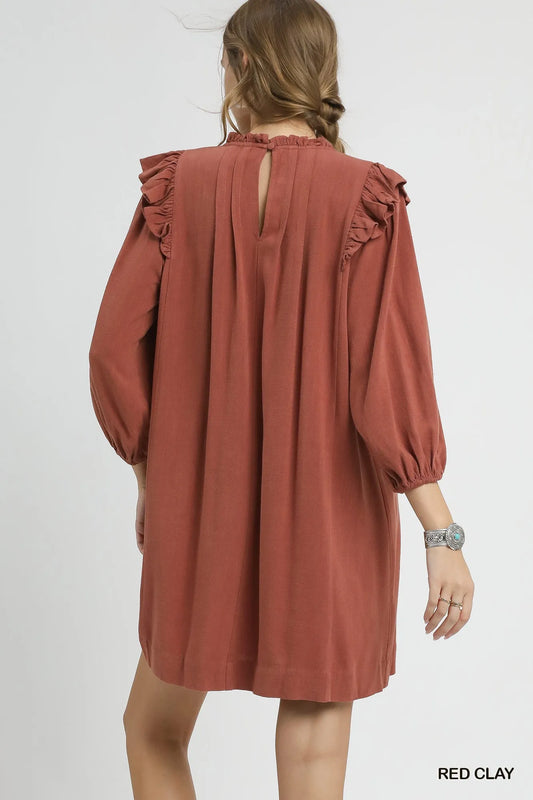 Ruffle-Shoulder Linen Pleated Babydoll Dress
