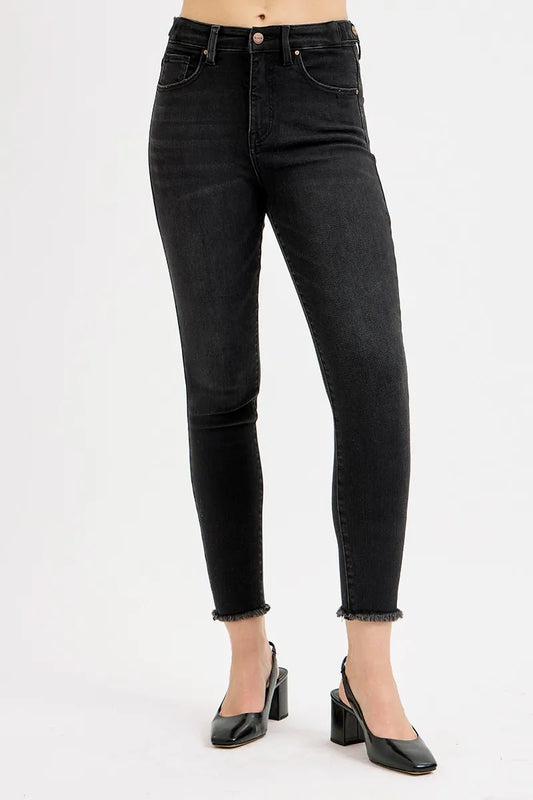 High-Waist Adjustable Fit Raw Hem Skinny Denim Jeans