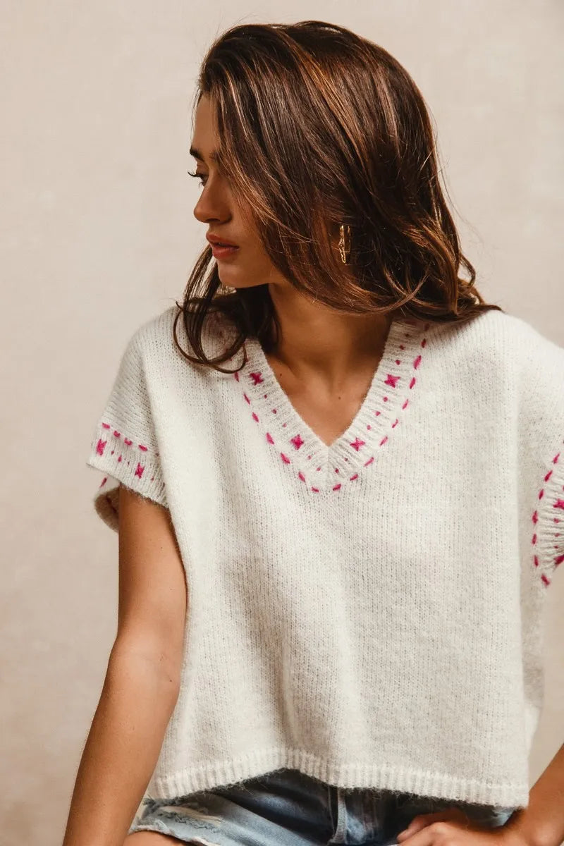 Knit Solid Contrast Stitch Detail Short Sleeves Sweater