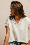 Knit Solid Contrast Stitch Detail Short Sleeves Sweater