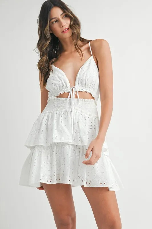 Lace Eyelet Ruffle Mini Dress With Front Cutout