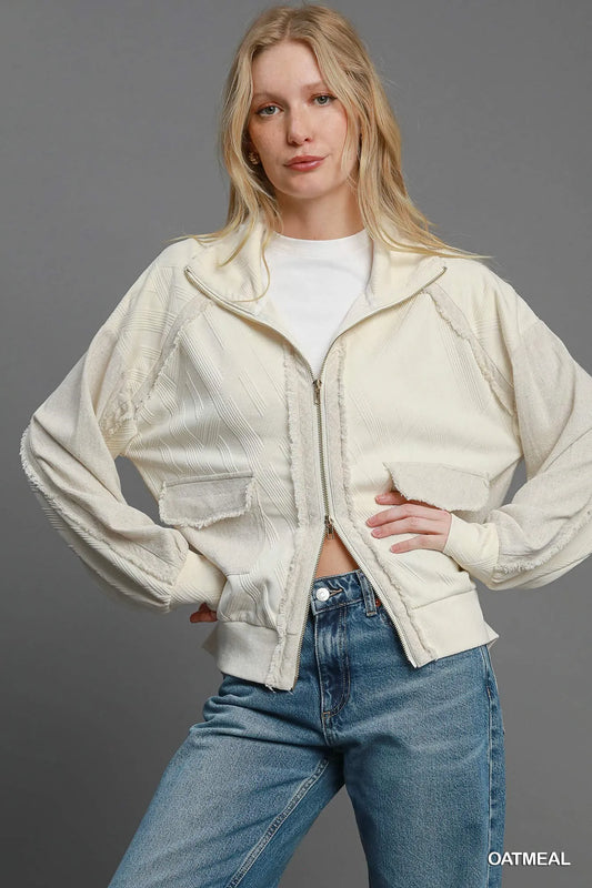 Dual-Texture Jacquard Zip-Up Jacket