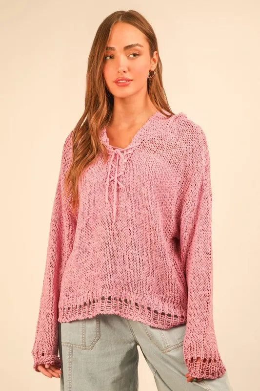 Oversized Openwork Lace Up Hooded Sweater