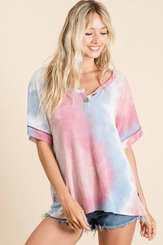 Tie Dye French Terry Top With Buttoned Placket