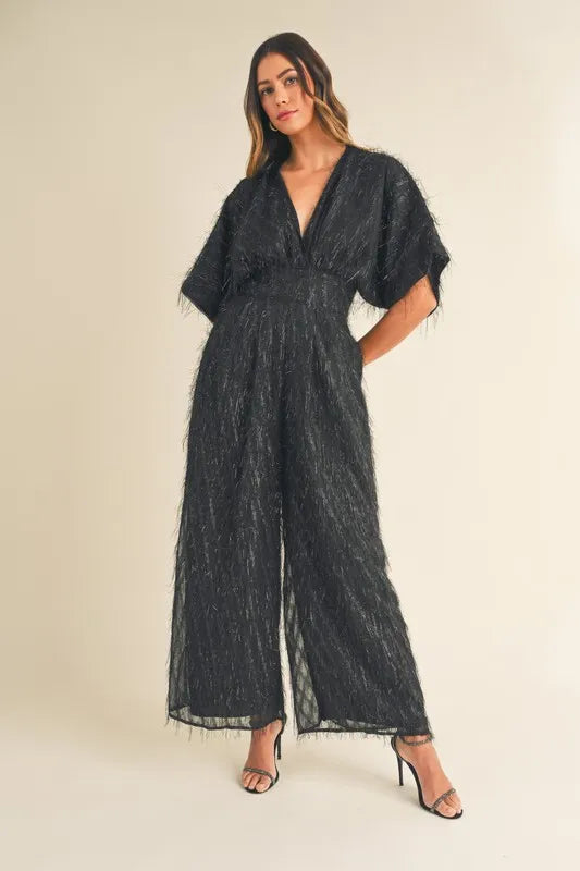 Fluffy Deep V Neck Wide Leg Jumpsuit