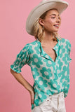 Polka Dot Button-Up Top with Elastic Cuffs