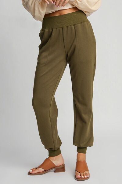 Full Size High Rise Elastic Waist Knit Joggers with Pockets Plus Size