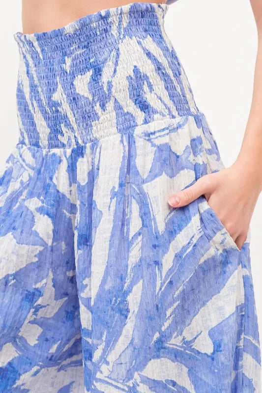 Smocked Tied Waist Abstract Print Wide Leg Pants