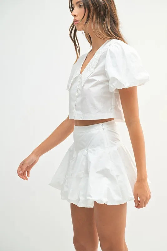 Puff Sleeve Button Down Top and Bubble Skirt Set