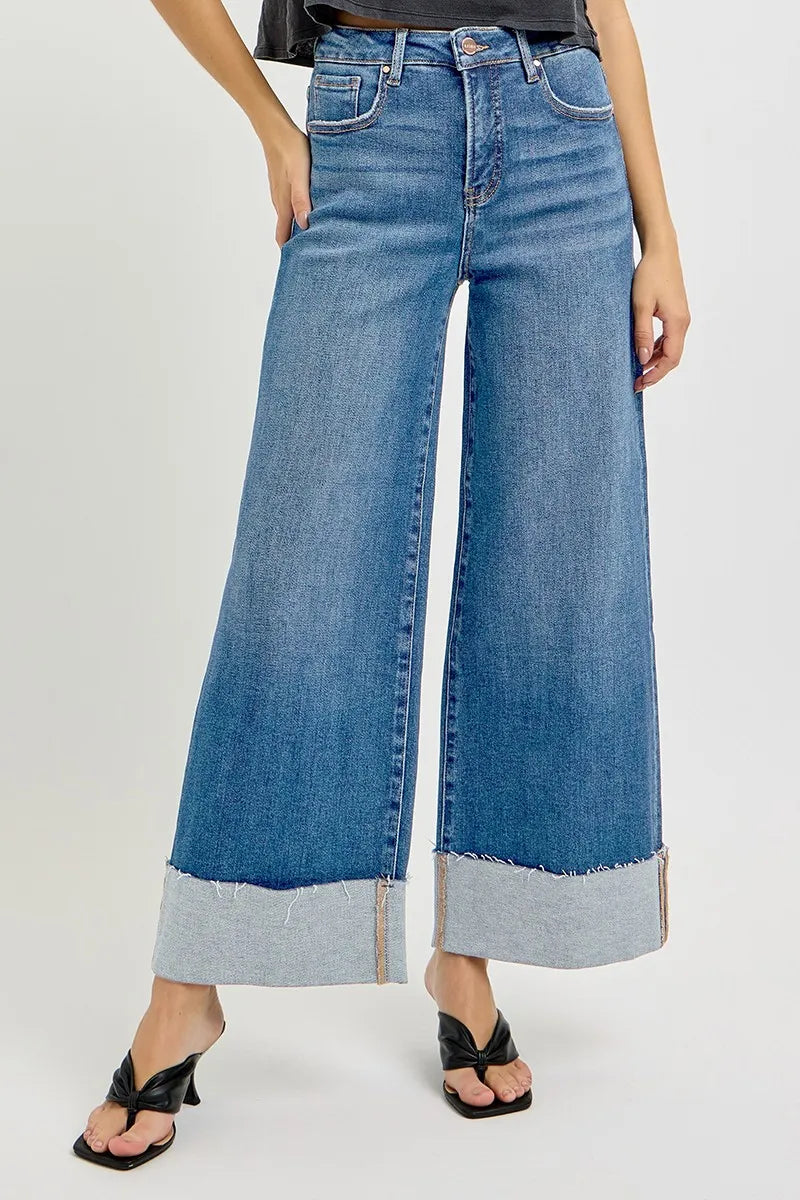 Full Size High Waist Crop Wide Cuffed Control Jeans