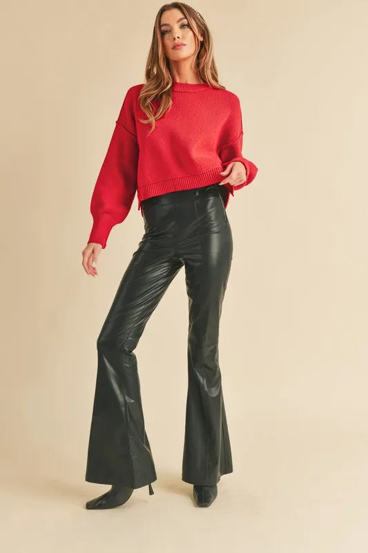 Ribbed Hem Exposed Seam Round Neck Sweater
