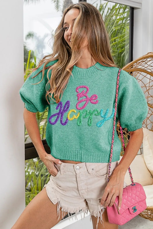 Metallic Letter Short Puff Sleeve Hairy Sweater