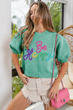 Metallic Letter Short Puff Sleeve Hairy Sweater