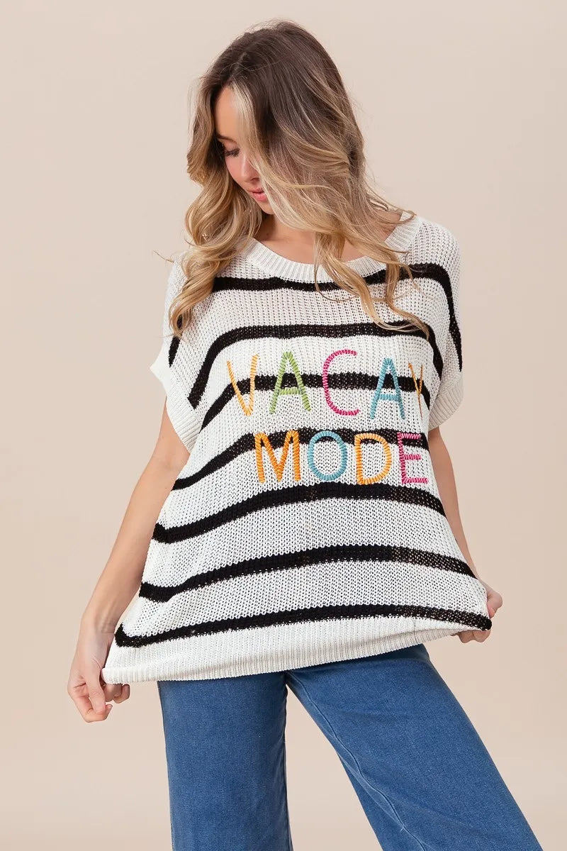 Vacay Mode Lettering Drop Shoulder Striped Sweater
