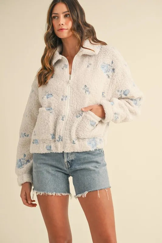 Floral Embroidered Fleece Teddy Jacket