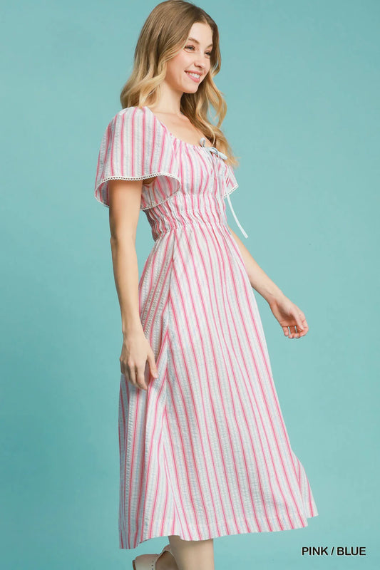 Striped Smocked Midi Dress with Short Sleeves