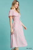 Striped Smocked Midi Dress with Short Sleeves