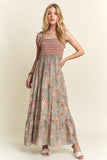 Smocked Printed Square Neck Tie Shoulder Cami Dress