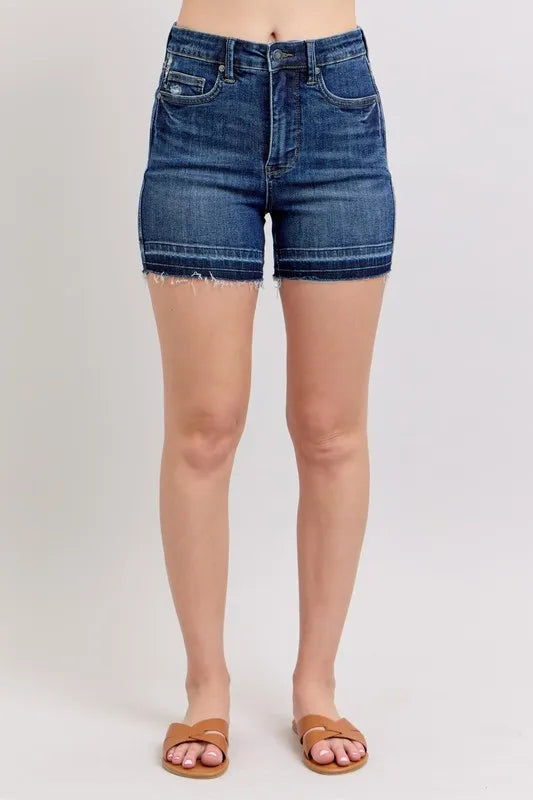 High Waist Tummy Control Destroy Release Hem Denim Shorts