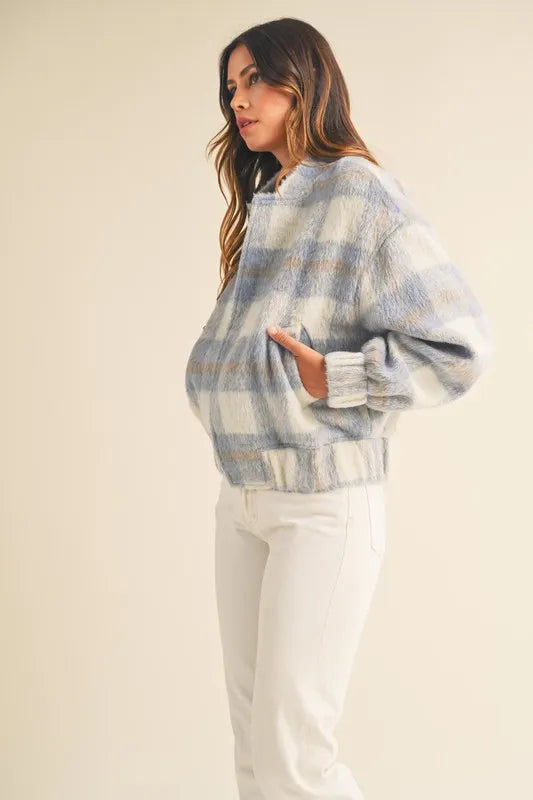 Plaid Print Fuzzy Bomber Jacket