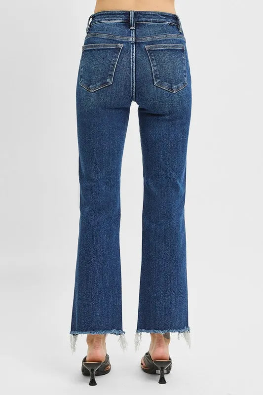 Tummy Control High Rise Crop Straight Raw Cut Hem Jeans