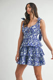 Floral Print Shoulder Tie Layered Mini Dress