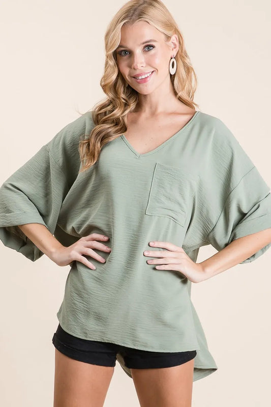 Relaxed V-Neck Top with Rolled Cuffs
