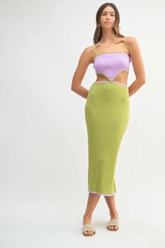 Ribbed Knit Color Block Cutout Midi Dress