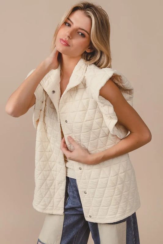 Diamond-Pattern Quilted Ruffle Sleeve Vest