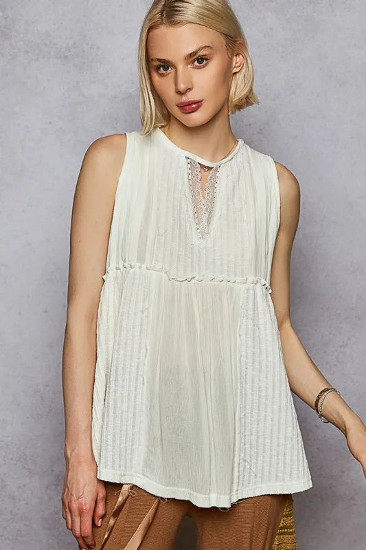 Lace-Accented Pintuck Neckline Sleeveless Top