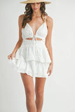 Lace Eyelet Ruffle Mini Dress With Front Cutout