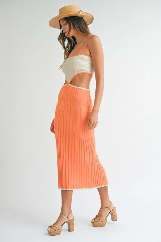 Ribbed Knit Color Block Cutout Midi Dress