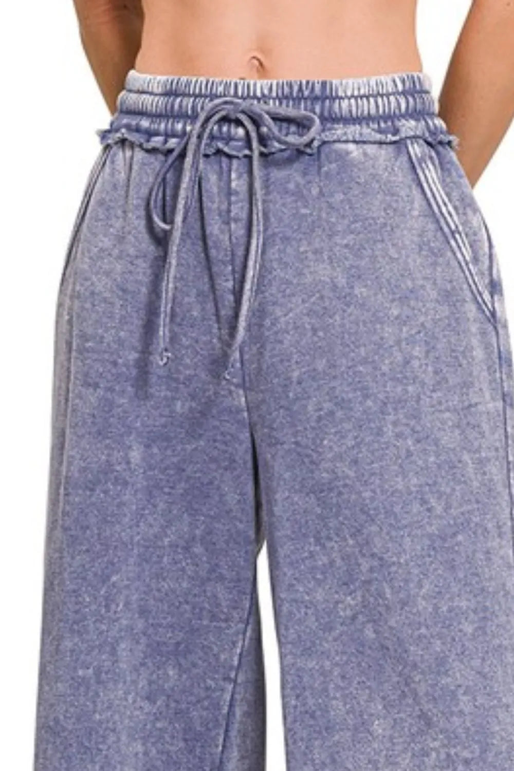 Acid Wash Fleece Palazzo Sweatpants with Pockets