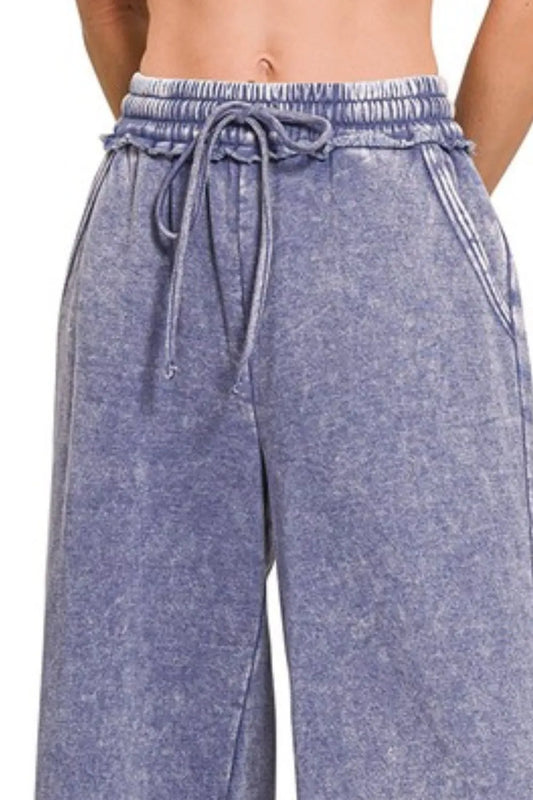 Acid Wash Fleece Palazzo Sweatpants with Pockets