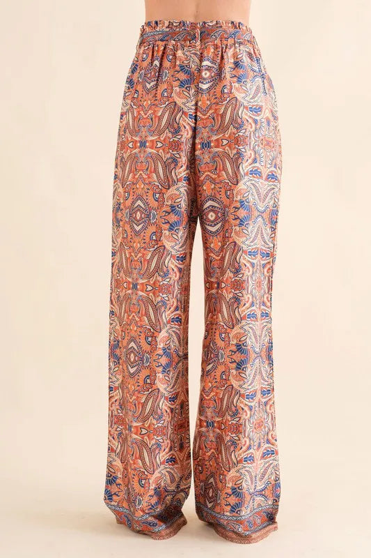 Satin Paisley Pattern Waist Ribbon Pants